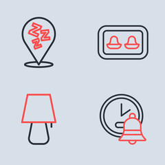 Sticker - Set line Earplugs with storage box, Table lamp, Alarm clock and Sleepy icon. Vector