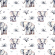 Seamless pattern with cute elephant on light background.