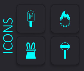 Sticker - Set Lollipop, Ice cream, Circus fire hoop and Magician hat and rabbit ears icon. Black square button. Vector