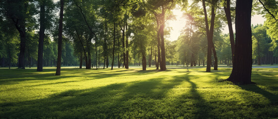 Wall Mural - Beautiful panoramic landscape of park with trees and green grass field in autumn sunny morning.