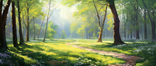 Beautiful Panoramic Landscape Of Park With Trees And Green Grass Field In Autumn Sunny Morning.