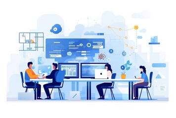 Team of developers working on mobile app development, Team of it experts working in an office ilustration
