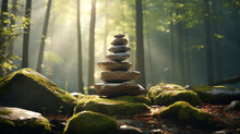 Stacked Zen Stones Meditation And Concentration. Wallpaper Background With Copy-space.