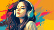 © Tepsarit - Asian teenage girl listening to the music via headphones illustration vector in abstract mixed grunge colors digital painting in minimal graphic art style. Digital illustration generative AI.