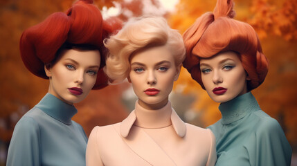 A portrait of beautiful autumn fashion featuring a group of unique women with different colored hair, evoking a feeling of nature, joy, and whimsy