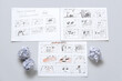 Different storyboards and crumpled papers on white background. Halloween celebration