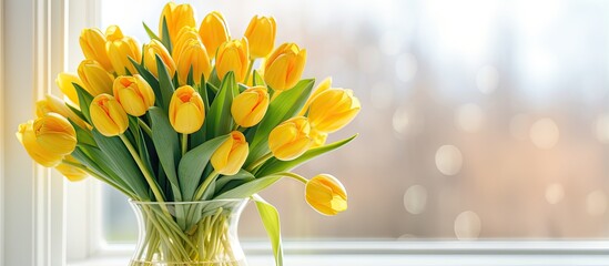 Wall Mural - Yellow tulips in a vase on a windowsill