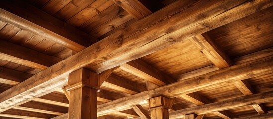 In the building s wooden interior the wood paneled ceiling and beams provide a textured knotty and unique appearance