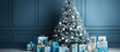 © HN Works - Blue pine Christmas tree adorned with gifts enhancing the interior decor of the room during the winter holidays