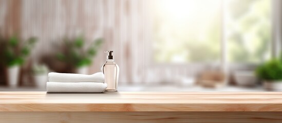Poster - Empty wooden tabletop in bathroom interior with blurred background for product presentation concept