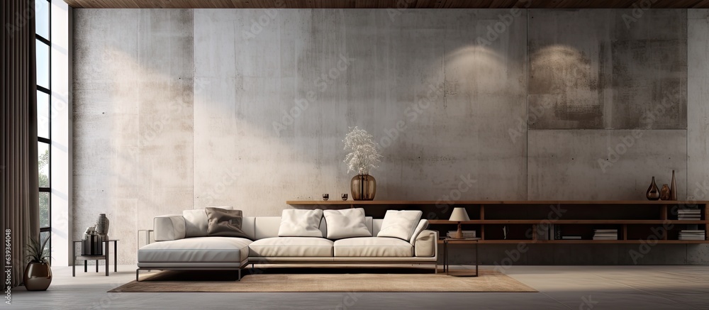 Image showcasing Creating a model of a modern loft living room with a concrete textured ...