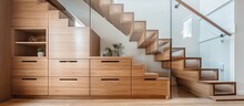 Luxury Contemporary Interior Design In A Multi Storey Home With Sleek Wooden Stairs And Custom Cabinets Under Them For Storage