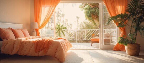 Poster - A bedroom with a bed facing an outdoor patio and balcony with orange drapes covering the window