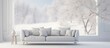 Scandinavian interior design with a white minimalist room sofa and winter landscape seen through the window
