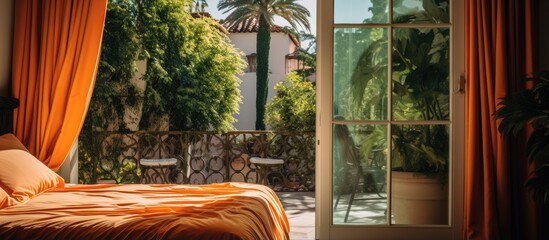 Poster - A bedroom with a bed facing an outdoor patio and balcony with orange drapes covering the window