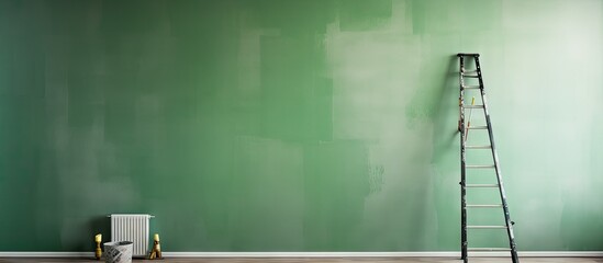 Canvas Print - A partially painted wall and an aluminum ladder during a house renovation with a contrasting green and grey background