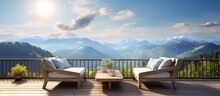 Ing Depiction Of Balcony With Outdoor Seating Area Overlooking Mountains And Blue Sky Emphasizing Relaxation Concept