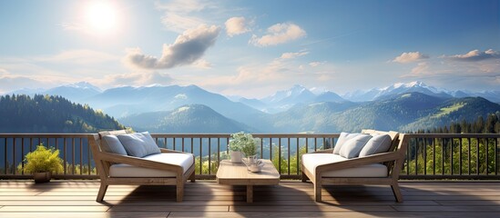 Wall Mural - ing depiction of balcony with outdoor seating area overlooking mountains and blue sky emphasizing relaxation concept