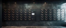 Contemporary Black Mailboxes With Numbers In The Entrance Of Residential Or Office Buildings Designated For Letters And Correspondence