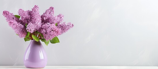 Aufkleber - Closeup of lilac flowers in a vase on a table near a white wall in a room