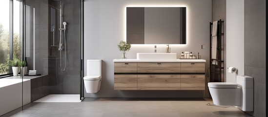 Poster - Modern ed residential bathroom with washstand toilet and shower