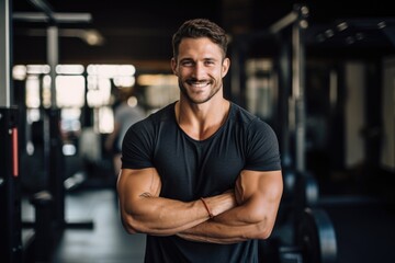 Wall Mural - Smiling portrait of a young male caucasian fitness instructor trainer working in a gym