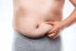 A fat man in grey underwear shows fat deposits in the abdomen and thighs. The concept of not proper nutrition, sedentary lifestyle. Overweight treatment.