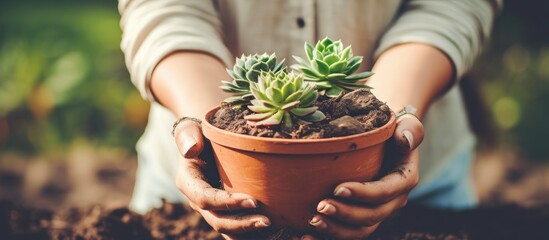 Female hands transplanting cactus in a close up shot symbolizing home gardening and care for plants using gardening tools and a bucket filled with earth for home spring planting