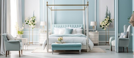 Canvas Print - soft colored bedroom with a large four poster bed double bed blue armchair and white furniture