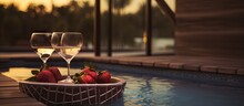 Champagne Glasses By The Jacuzzi With Strawberry And Chocolate