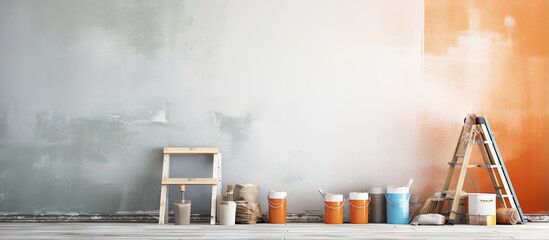 Poster - Indoor wall with tools and paints for decorators Text space