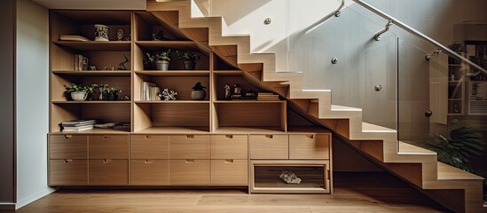 Luxury contemporary interior design in a multi storey home with sleek wooden stairs and custom cabinets under them for storage