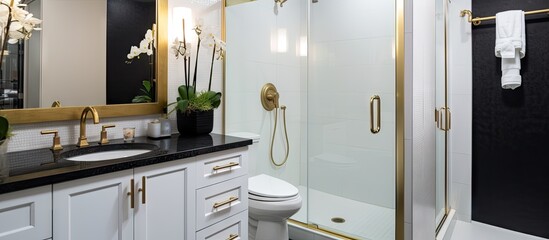 Canvas Print - A compact upscale bathroom featuring a black granite countertop white vanity cabinet gold accented shower and sliding glass door