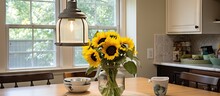 A Suburban Kitchen With A Sunflower Arrangement On The Dining Room Table Including A Tray And Two Lanterns Filled With Decorative Fillers