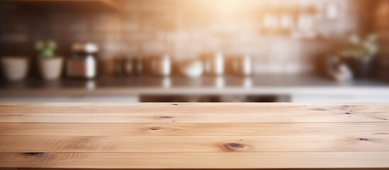 Poster - Product display on wooden table with blurred kitchen background
