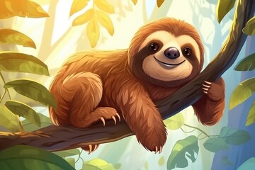 Wall Mural - Funny sloth in nature. Drawn cartoon animal illustration.