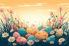 Landscape With Flowers A Serene Easter Scene With Colorful Eggs And Beautiful Vector Art 