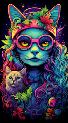  Uv fluorescente reativa feminina gato arte tapeçaria luz preta hippie rock 