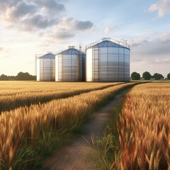 Stocks of grain in granaries. Agriculture, grain deal concept, metal grain storage stands in a field