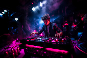 DJ working spinning turntable records at night club party. 