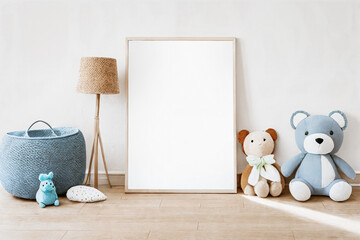 Wall Mural - Vertical wood frame with plush toys in white interior