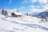 Fototapeta Do pokoju -  Wooden cottage house under the snow, winter mountain landscape. 