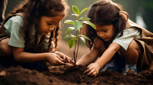Two Little Girls Planting A Tree In The Garden. Selective Focus.