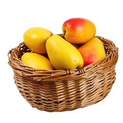 Wall Mural - Illustration of wicker basket full of fresh ripe mango fruits isolated on transparent background. Organic and healthy food. PNG clip art element.