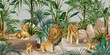 Lions on vacation in tropical leaves, art drawing, texture background, photo wallpaper