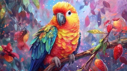Whimsical and creative painting of a cute parrot in the wilderness
