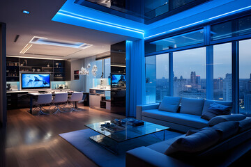 Modern luxury apartment with bright blue light