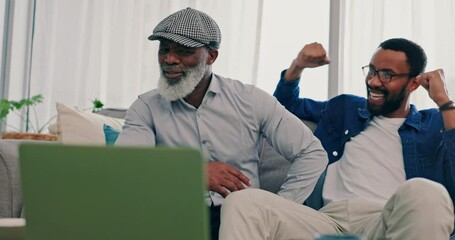 Wall Mural - Senior father, man talk and watching on laptop in a living room at home with app streaming online. Conversation, family and internet with bonding, web subscription and computer of black people