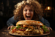 portrait of fat funny wo man eating big tasty burger