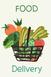 Online order fresh vegetables and fruits from a virtual grocery market. Ecological fast delivery home and office. Green logistics. Illustration for posters, banners, and cards. Vector.
